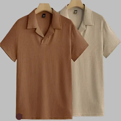 Stylish Polyester Blend Solid Polos T-Shirt For Men in Combo Color
Sizes: S, M, L , XL  which fit for you.
Color: Brown+Light Gree, Brown+Light Pink Combo color glaze your look
Fabric: Polyester Blend sturdy style
Type: Polos a brand
Style: Solid indicate strudiness 
Design Type: Polos
Sleeve Length: Short Sleeves
A polo t-shirt is a classic and versatile piece of clothing that can be dressed up or down. It features a collared neck, short sleeves, and a button-up placket at the front. This t-sh